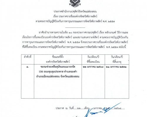 ประกาศรายชื่อองค์กรจัดสวัสดิภาพสัตว์ ตามพระราชบัญญัติป้องกันการทารุณกรรมและการจัดสวัดิภาพสัตว์ พ.ศ.2567